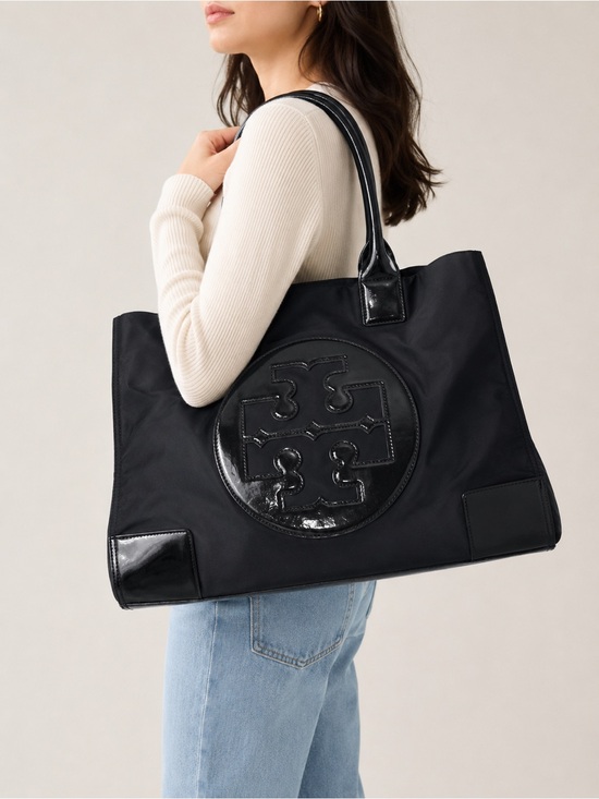 Tory Burch Handbags - Tory Burch Ella Oversized Nylon Tote Black Patent Logo Large Shoulder Bag